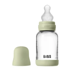 BIBS Fles - Slow Flow - Ronde Speen - 120 ml - Glas/Silicone - Baby Blue> Flessen