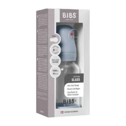 BIBS Fles - Slow Flow - Ronde Speen - 120 ml - Glas/Silicone - Baby Blue><noscript><img width=