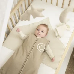 Meyco Baby Slaapzak Met Afritsbare Mouwen Slub Met Smile Applicatie Taupe / Offwhite 70 cm><noscript><img width=