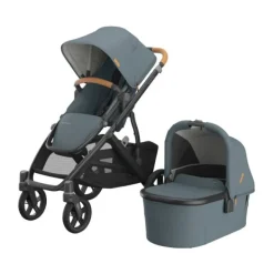 UPPAbaby Kinderwagen 2-in-1 Vista V3 Dillan Stone Blue Met Carbon Frame En Sand Leather> Uitbreidbare Kinderwagens|Tweeling Kinderwagens